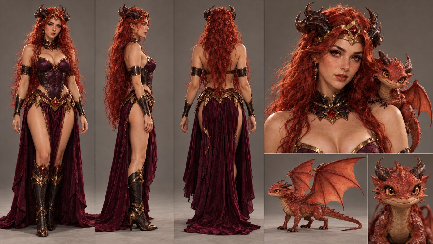 A character sheet of a woman with long curly red hair, two curved dark horns and a brass diadem with a red stone. Three full body views show a burgundy velvet corset, a long velvet skirt with a side slit, a brass plate belt, leather arm bands and knee high leather boots. On the right, a close-up of her face with a small red baby dragon on her shoulder, the dragon alone with its wings spread, and a close-up of the dragon's face with big amber eyes.