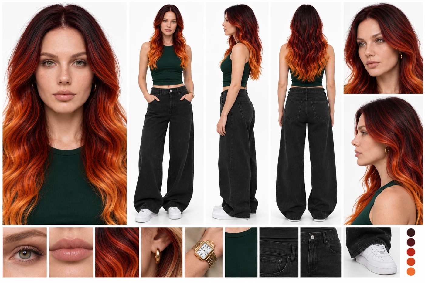 A character sheet of a woman with long wavy hair, dark red at the roots fading to bright orange, and green eyes. A large portrait on the left, three full body views in a dark green sleeveless crop top, black wide leg jeans and white sneakers, two side portraits, and small tiles of her eye, lips, hair, gold hoop earring, gold watch, the top, the jeans and a sneaker.