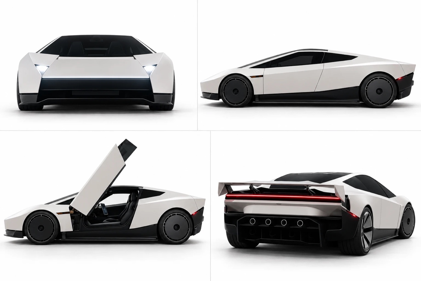 A 2 by 2 sheet of a white angular electric sports car on a white background: the front with a thin light bar, the side with closed doors, the side with the door lifted up and an empty black interior, and the back with a tall wing and a red light bar across the rear.