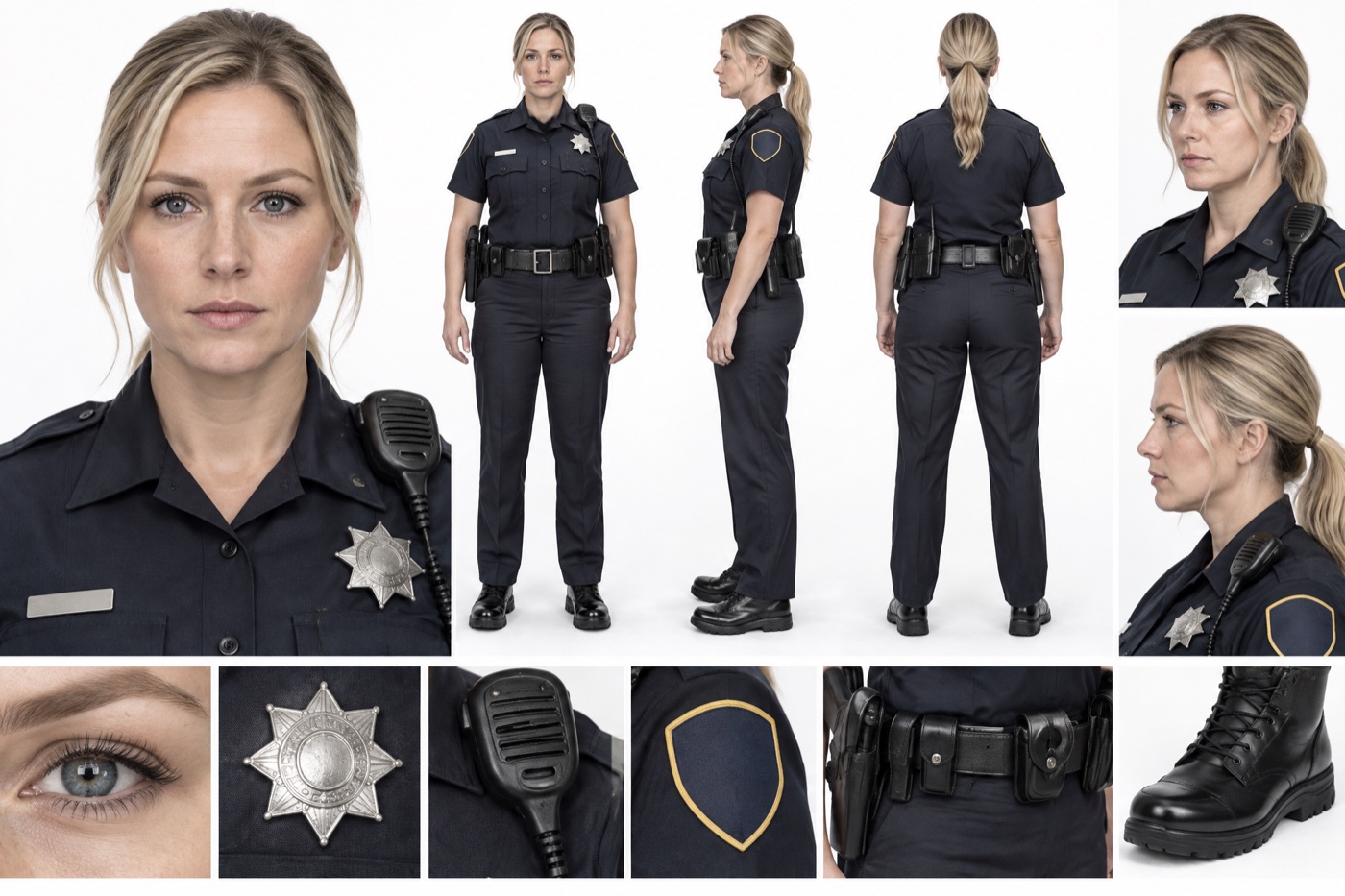 A character sheet of a blonde female police officer with a low ponytail and grey blue eyes, in a navy short sleeve uniform with a silver star badge, a shoulder radio and a black duty belt. A large portrait, three full body views, two side portraits and detail tiles of the eye, badge, radio, patch, belt and boot.