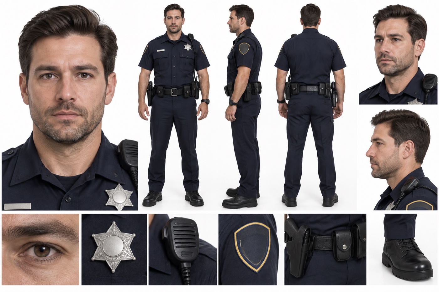 A character sheet of a male police officer with short dark brown hair, brown eyes and stubble, in a navy short sleeve uniform with a silver star badge, a shoulder radio and a black duty belt. A large portrait, three full body views, two side portraits and detail tiles of the eye, badge, radio, patch, belt and boot.