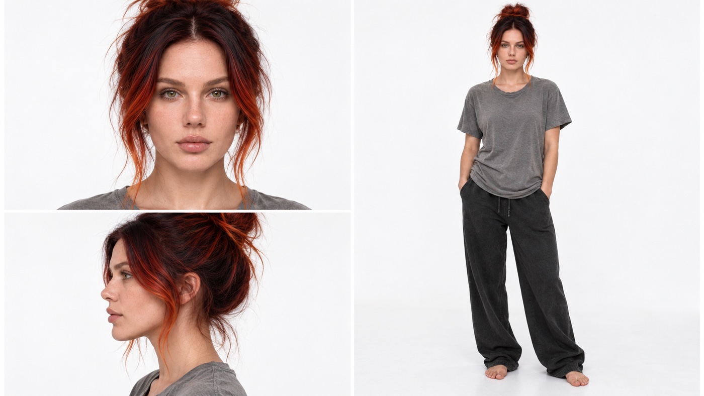 A character sheet of a young woman in her early twenties with dark red to copper hair in a messy bun and green eyes. Front close-up, side profile and a full body view in a grey oversized t-shirt and dark lounge trousers, barefoot, on a white background.
