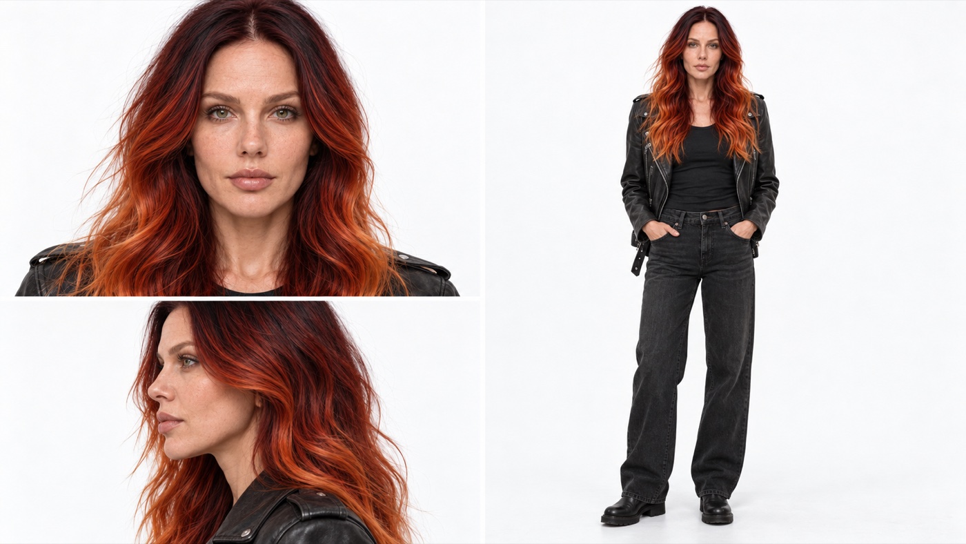A character sheet of the same woman about fifteen years older, with long loose dark red to copper hair. Front close-up, side profile and a full body view in a black leather biker jacket, a dark top, dark jeans and black boots, on a white background.