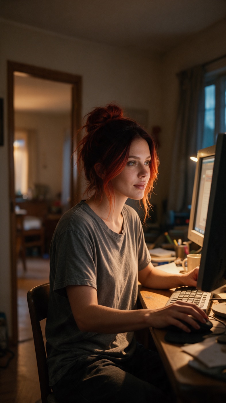 A young woman with a messy red bun and a grey t-shirt sits at a wooden desk at night, lit by an old beige computer monitor. Behind her on the left is an open doorway to a warmly lit room. A window with curtains and blue night light is on the right.