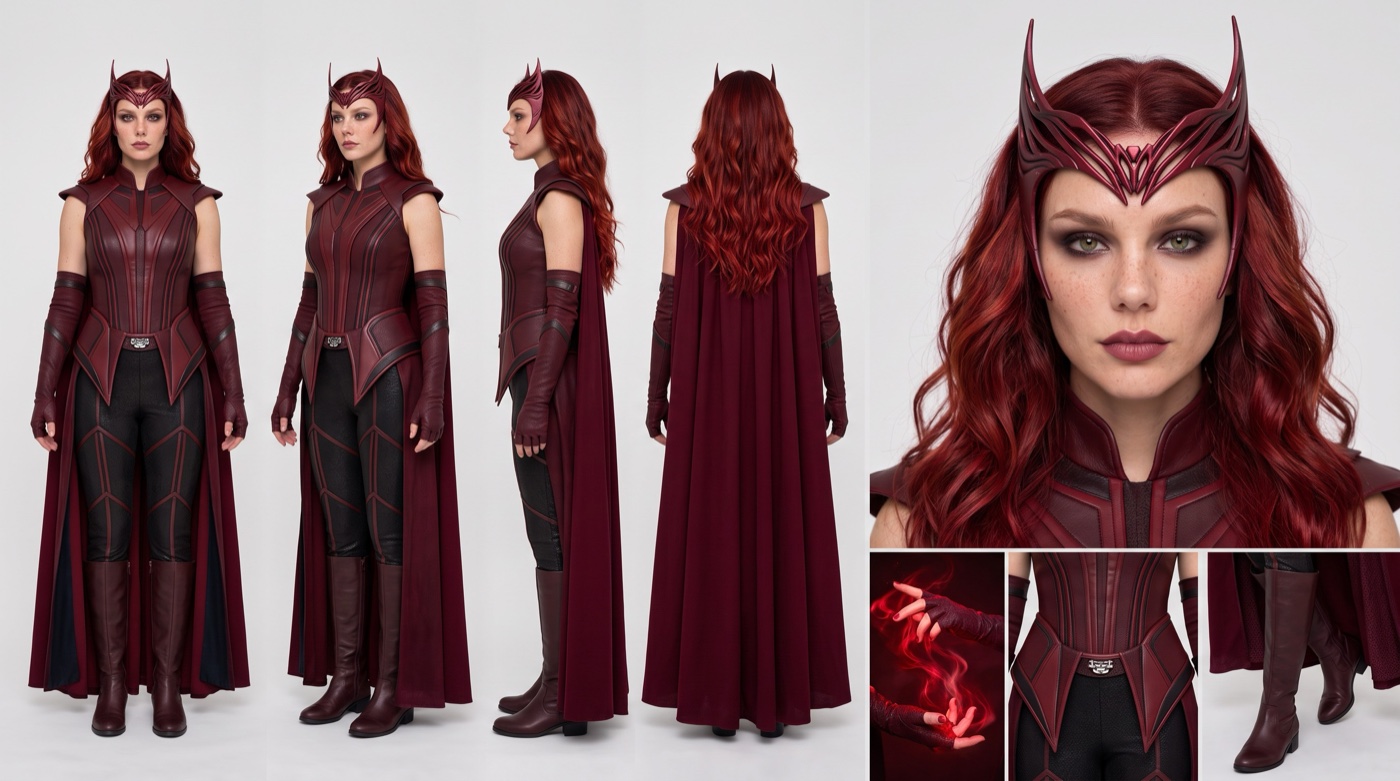 A character sheet of a woman with long wavy red hair and a pointed crimson tiara with two tall spikes. Four full body views show a sleeveless maroon leather bodice with a high collar, pointed peplum panels, long fingerless gloves, dark trousers with maroon panel lines, knee-high maroon boots and a floor-length burgundy cape. On the right, a close-up of her freckled face with smoky eyes, and small close-ups of red glowing energy around her hands, the bodice with the silver waist clasp, and the boots with the cape hem.