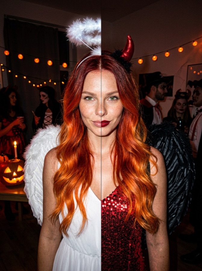 Example result: Half angel, half devil, Halloween costume made from one photo