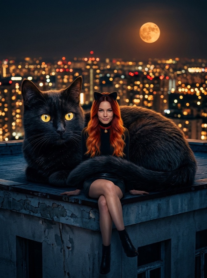 Example result: Black cat with a giant cat, Halloween costume made from one photo