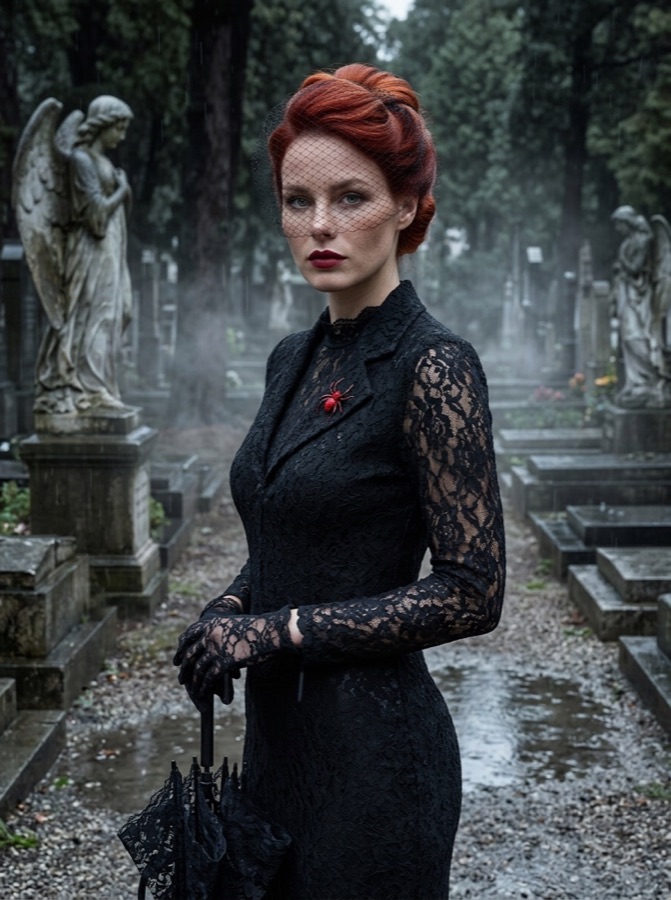 Example result: Black widow in the rain, Halloween costume made from one photo