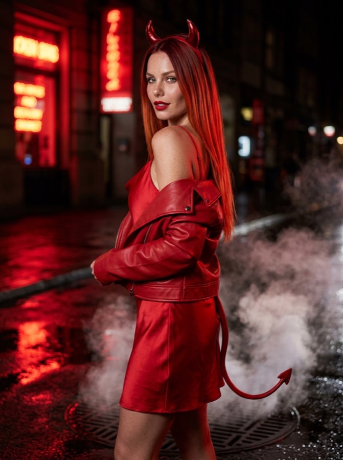 Example result: Devil on a neon street, Halloween costume made from one photo