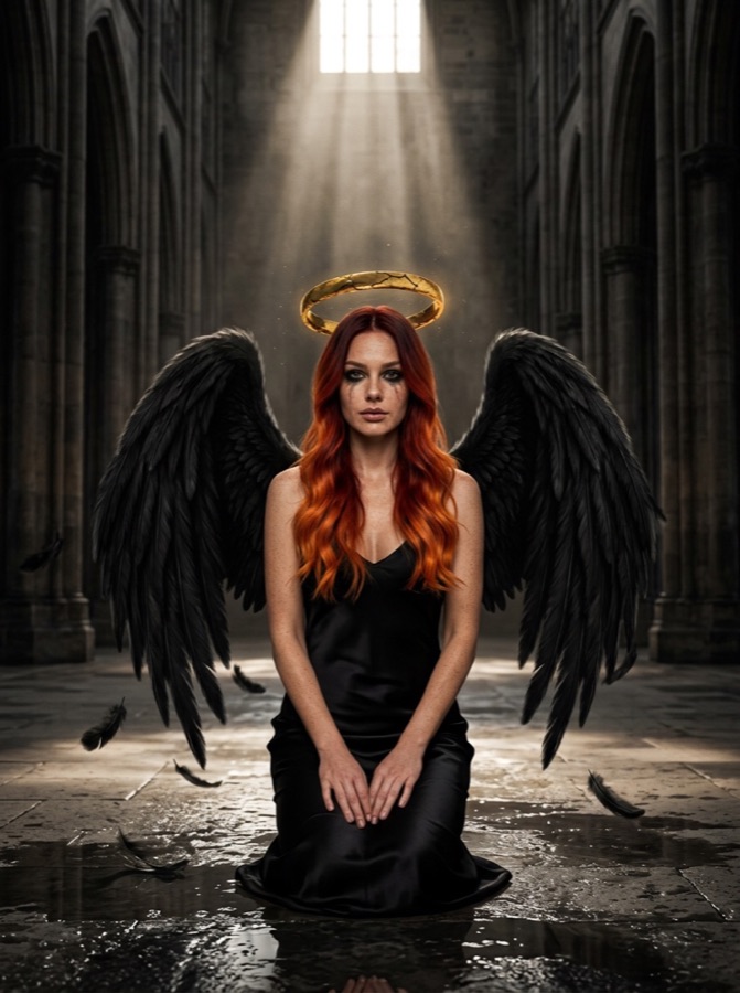 Example result: Fallen angel in a cathedral, Halloween costume made from one photo
