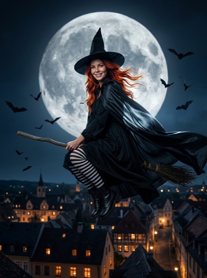 Example result: Witch flying over the town, Halloween costume made from one photo