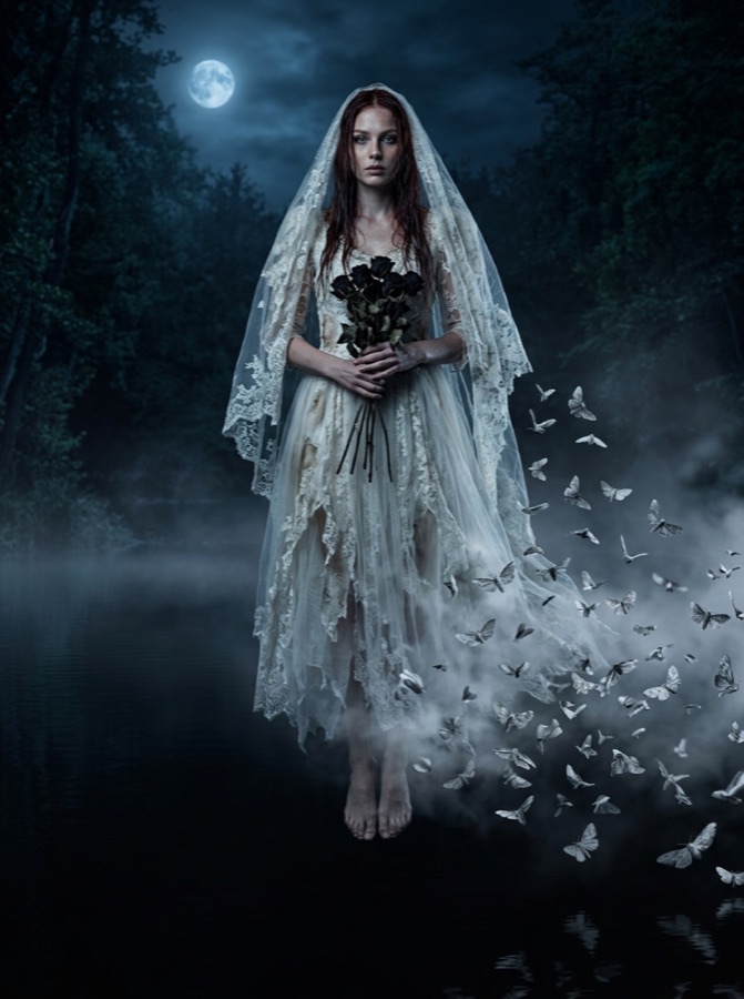 Example result: Ghost bride over a lake, Halloween costume made from one photo