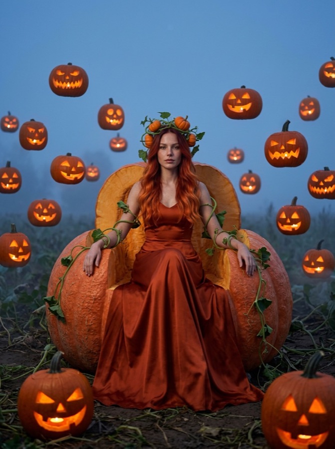 Example result: Pumpkin queen on a giant pumpkin, Halloween costume made from one photo