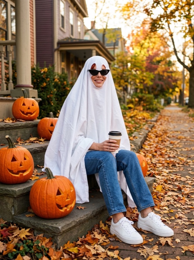 Example result: Sheet ghost with coffee, Halloween costume made from one photo