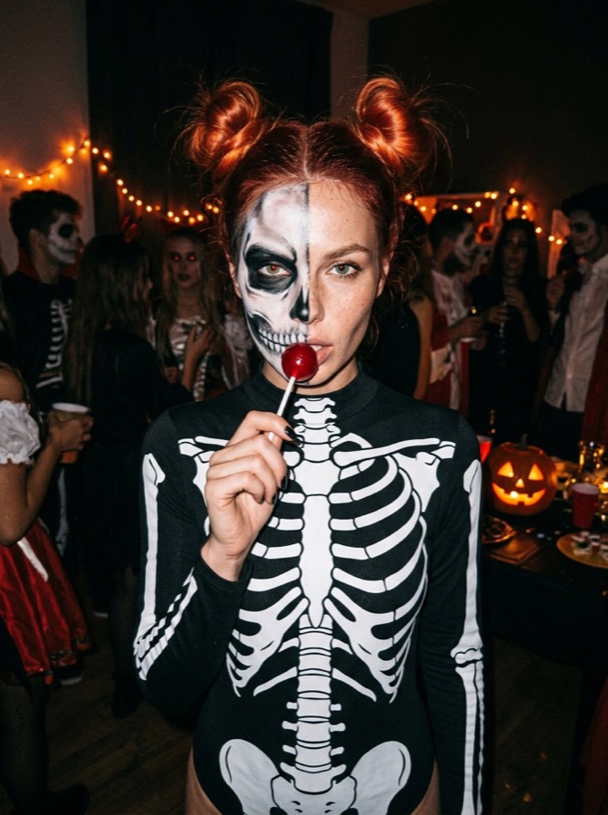 Example result: Half skeleton at a house party, Halloween costume made from one photo