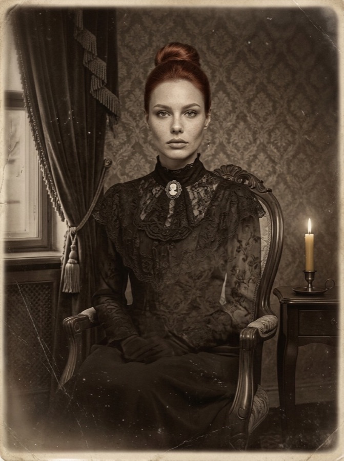 Example result: Victorian ghost, 1890s photo, Halloween costume made from one photo