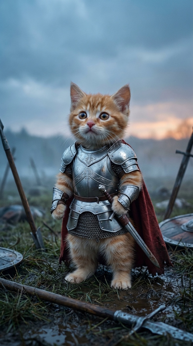 A tiny ginger kitten standing on its hind legs on a muddy battlefield at dusk. It wears silver plate armor with an engraved breastplate, chainmail and a torn dark red cape, and holds a small sword. Broken spears and round shields lie in the grass around it.