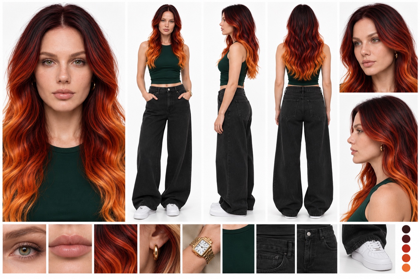 A character reference sheet of a woman with long red ombre hair, a dark green tank top and wide black jeans: a large face portrait, front, side and back full-body views, two profile close-ups and a strip of detail shots.