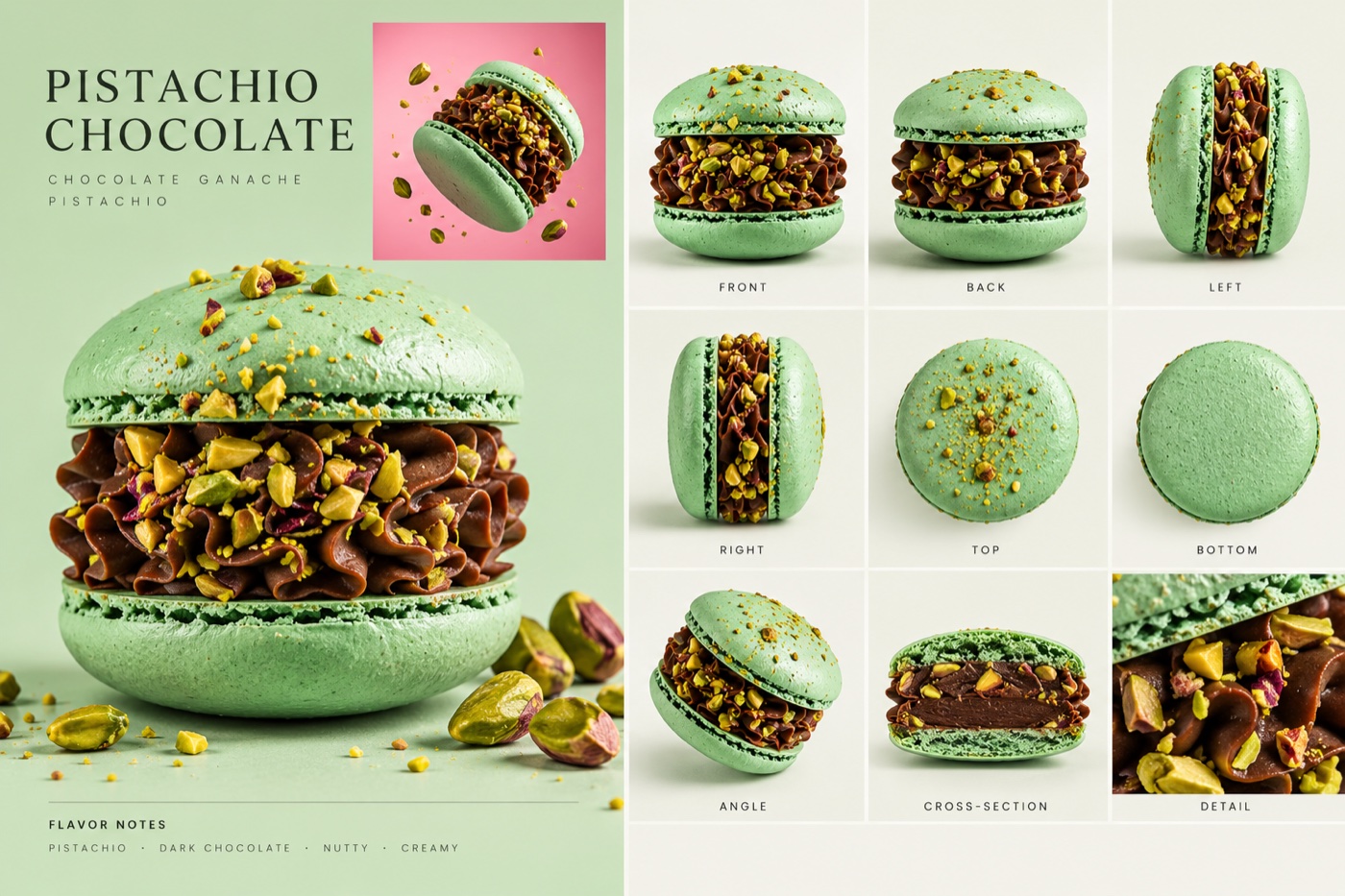 A product sheet for a mint-green pistachio macaron with chocolate ganache and chopped pistachios: a large hero shot on the left and a 3 by 3 grid of front, back, left, right, top, bottom, angle, cross-section and detail views on the right.