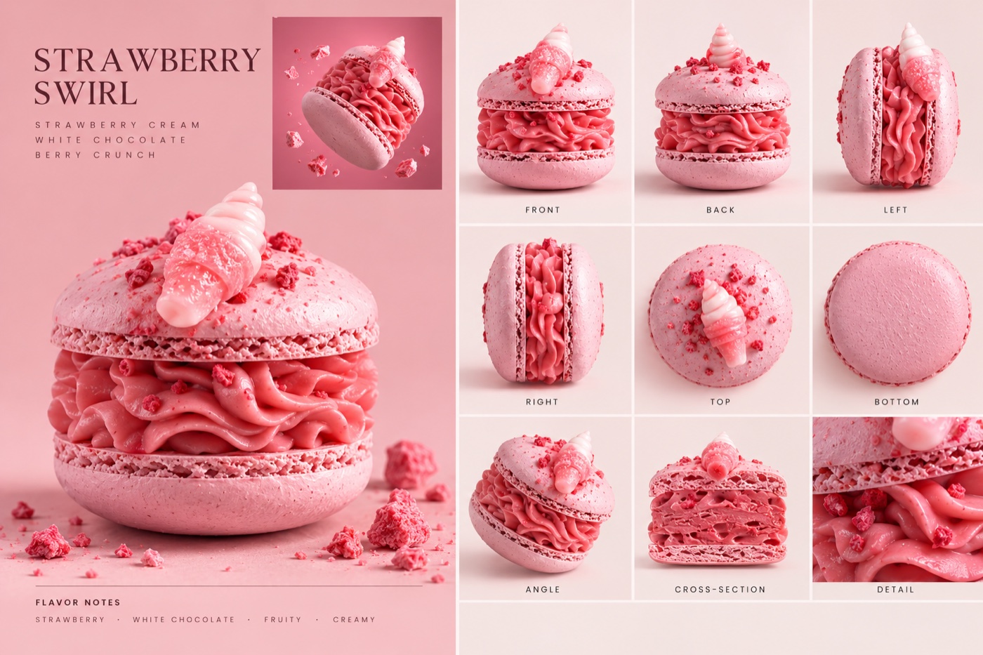 A product sheet for a pink strawberry macaron with a swirled filling, shown from nine angles.