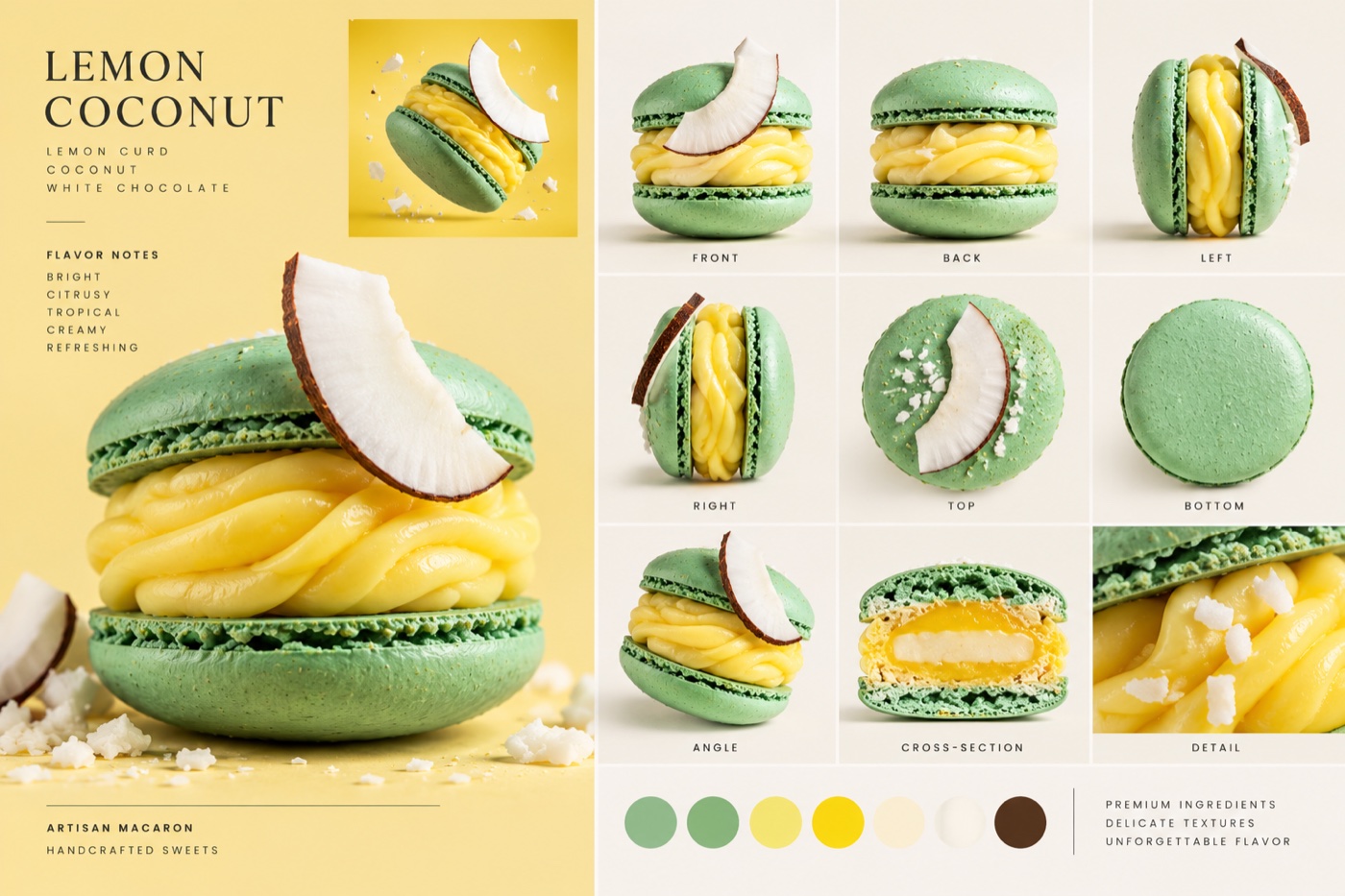 A product sheet for a lemon macaron with lemon curd and coconut, shown from nine angles with a cross-section.
