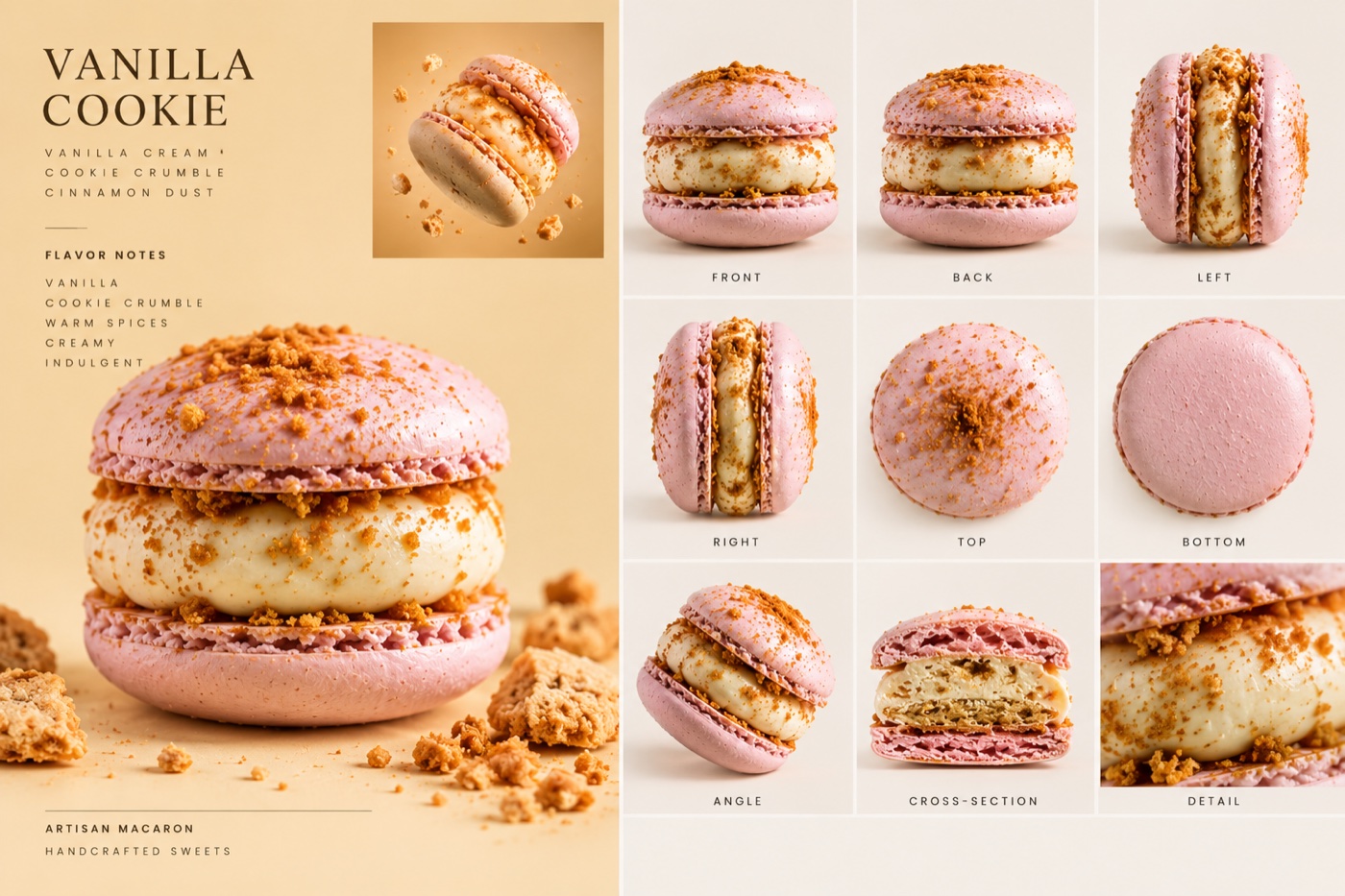 A product sheet for a vanilla macaron with cookie crumbs in the filling, shown from nine angles.