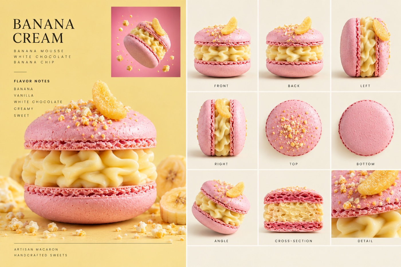A product sheet for a banana cream macaron with a topper, shown from nine angles.