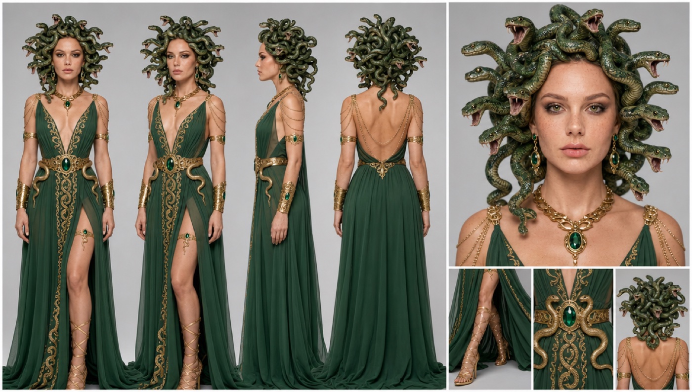 A character sheet of a woman dressed as Medusa, with a crown of green snakes for hair. Four full body views show a long emerald green chiffon gown with a thigh slit, gold embroidery, a gold belt with a big emerald, gold snakes around the waist and gold lace-up sandals. On the right, a close-up of her freckled face surrounded by hissing snakes, and small close-ups of the sandals, the belt and the snakes from behind.