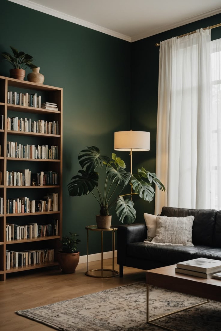 A living room with deep green walls, a tall wooden bookcase full of books on the left, a black leather sofa, a large window with sheer white curtains on the right, a brass floor lamp, plants and a patterned rug.
