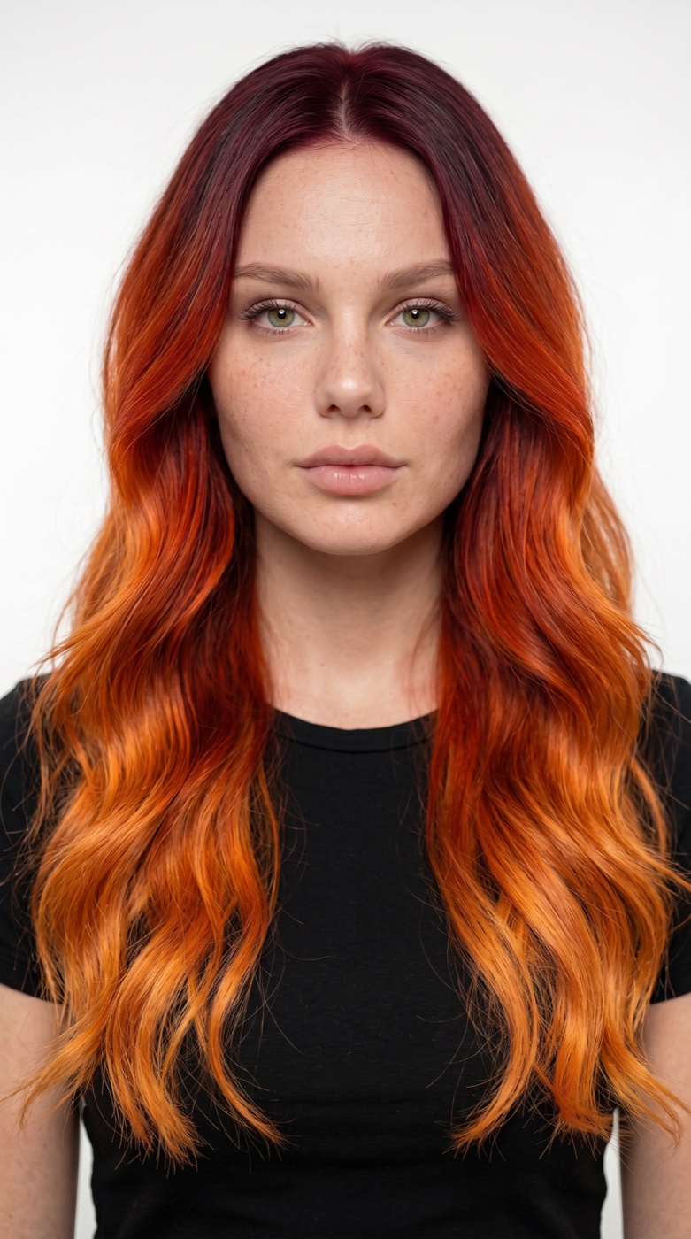 A studio portrait of a woman with freckles, green eyes and long wavy hair that is dark burgundy at the roots and copper-orange at the ends, wearing a plain black T-shirt against a white background.