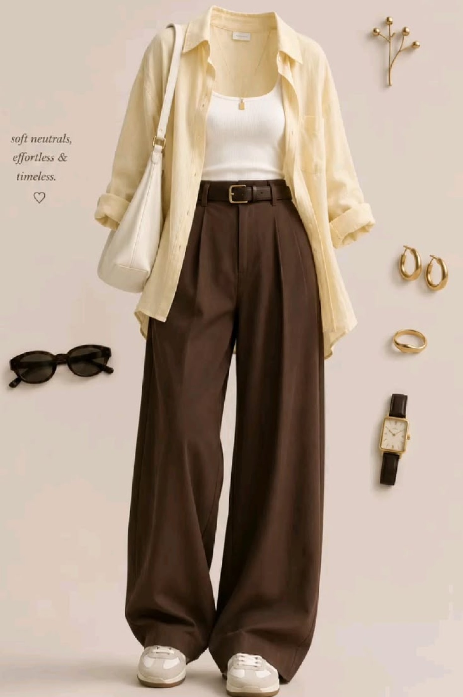 A flat-lay collage of a pale yellow open shirt over a white tank top, brown wide-leg trousers with a brown belt, cream sneakers, a cream shoulder bag, gold jewellery, sunglasses and a watch on a beige background.
