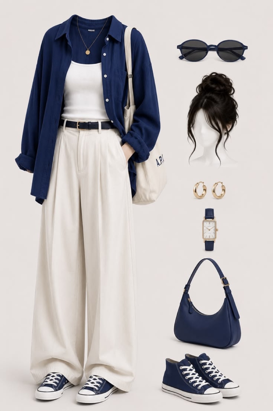 A flat-lay collage of a navy open shirt over a white tank, ivory wide-leg trousers, navy canvas sneakers, a cream tote bag, a navy handbag, sunglasses, a watch and an illustration of a dark hair bun.