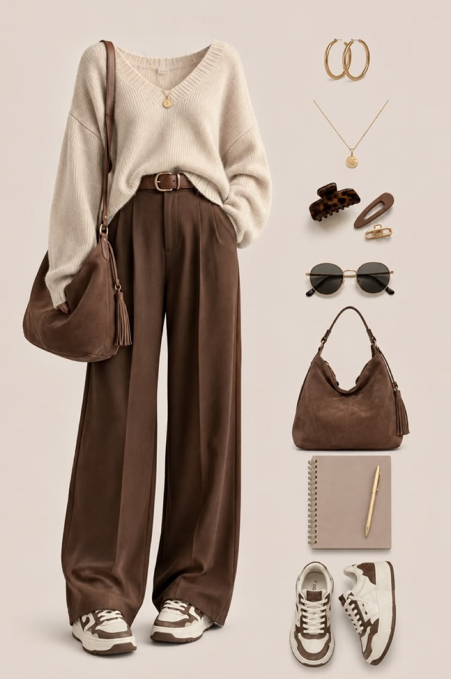 A flat-lay collage of a loose cream V-neck sweater, brown wide-leg trousers with a brown belt, brown-and-white sneakers, a brown suede shoulder bag, gold jewellery, hair clips, sunglasses and a notebook with a pen.