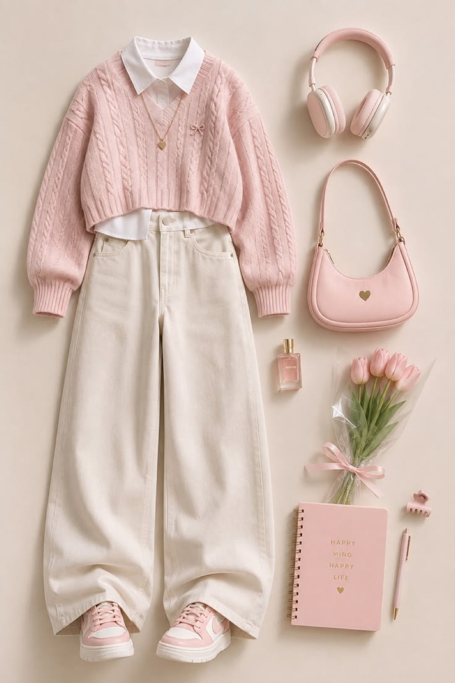A flat-lay collage of a cropped blush-pink cable-knit sweater over a white collared shirt, ivory wide-leg jeans, pink-and-white sneakers, a pink shoulder bag, pink headphones, a perfume bottle, tulips and a pink notebook.