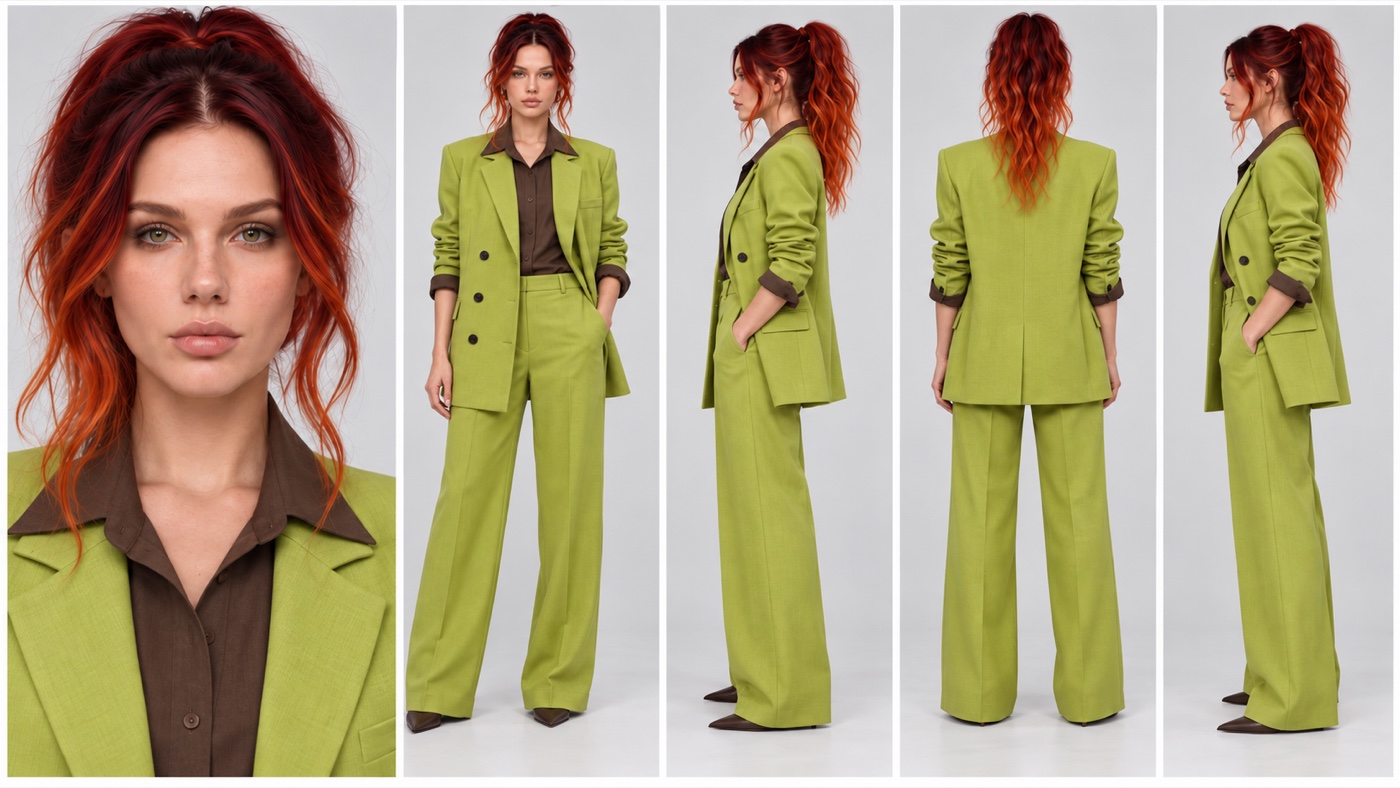 A character reference sheet of one woman on a light grey background: a close-up of her face, then full body from the front, from the left side, from behind and from the right side. She has dark red to copper wavy hair in a high messy ponytail and wears an oversized lime green double-breasted blazer with rolled sleeves, a dark brown shirt, wide lime green trousers and pointed brown shoes.