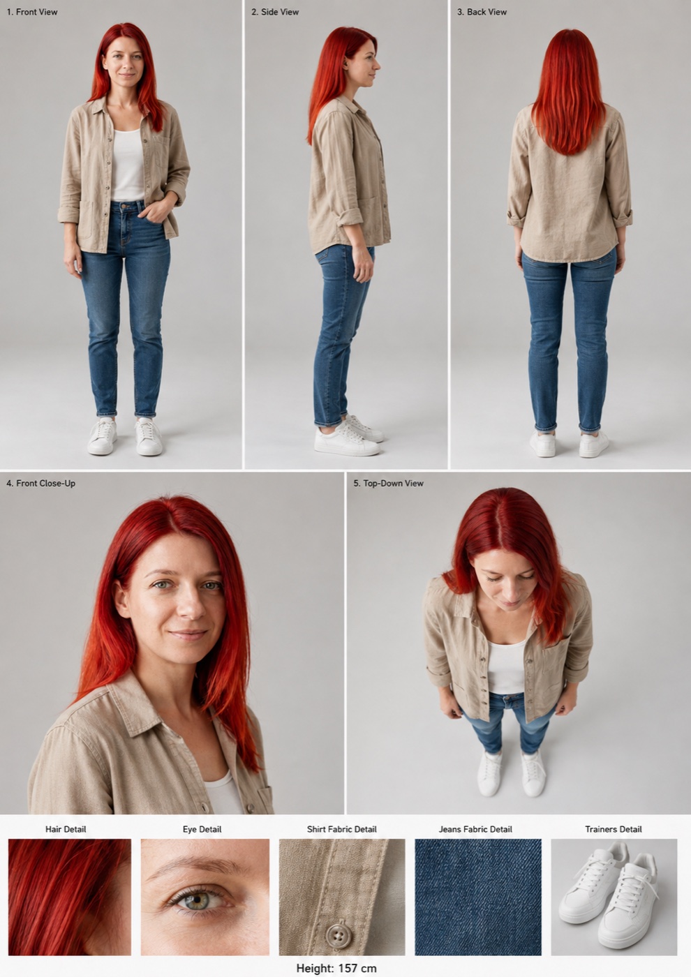 A character sheet of a woman with long straight bright red hair and green-grey eyes on a light grey background. She wears an open beige linen shirt over a white top, blue jeans and white trainers. Front, side and back full-body views on top, a smiling close-up and a top-down view in the middle, and tiles of her hair, eye, shirt fabric, jeans fabric and trainers at the bottom.