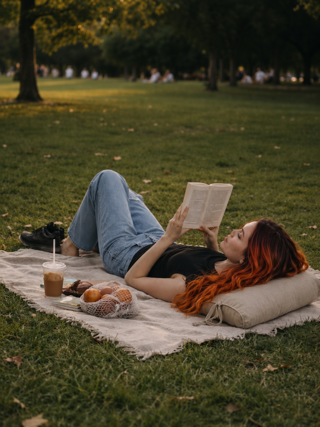 A woman with long red orange hair lies on a cream fringed blanket in a park at golden hour, head on a linen pillow, reading an open book above her face. She wears a black top and light blue jeans. Next to her are an iced coffee with a straw and a net bag of oranges, with tall trees and soft sunlight behind her.