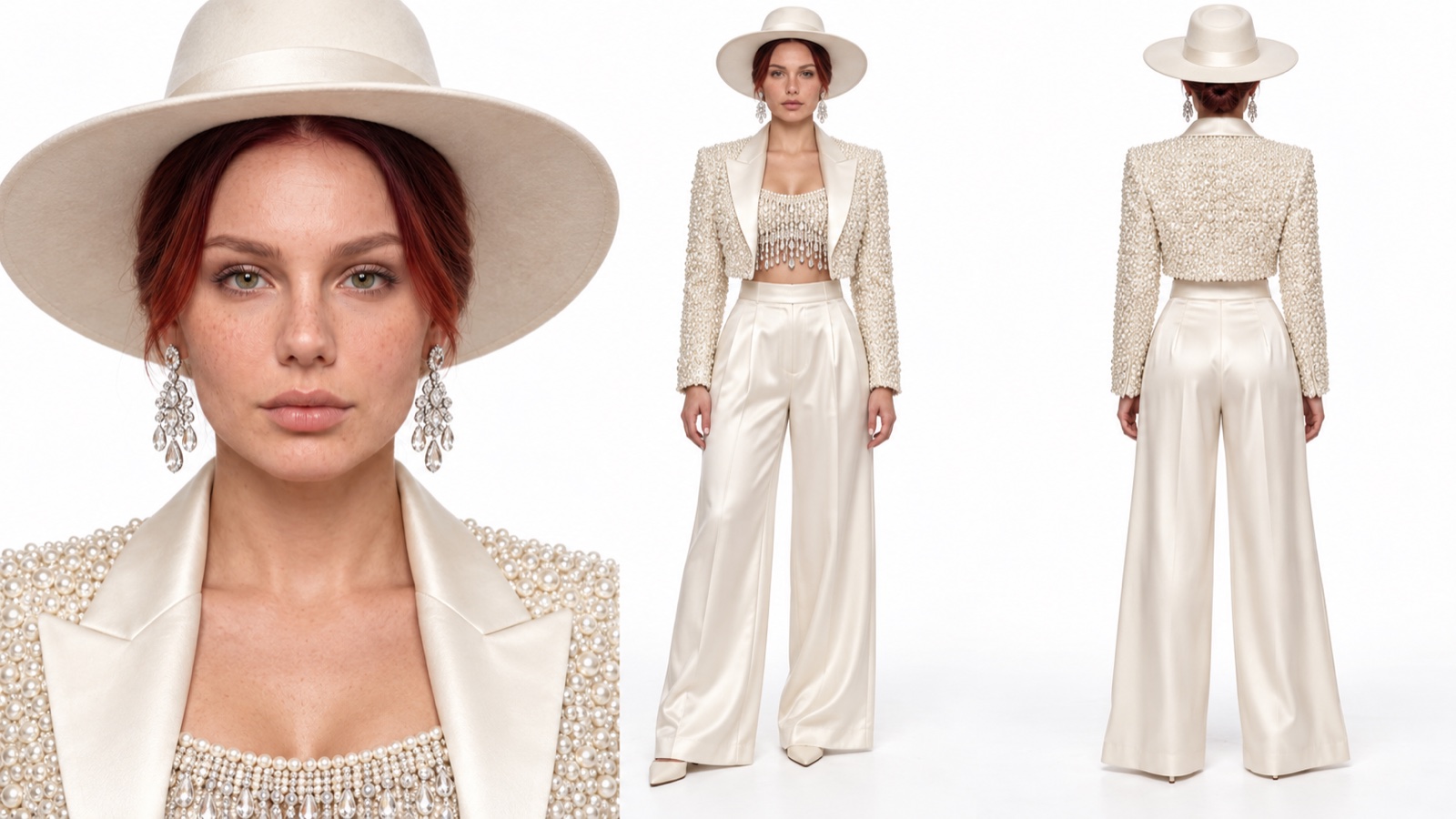 Character sheet: a woman in an ivory pearl-covered jacket and wide-brim hat, shown in close portrait, front and back views.