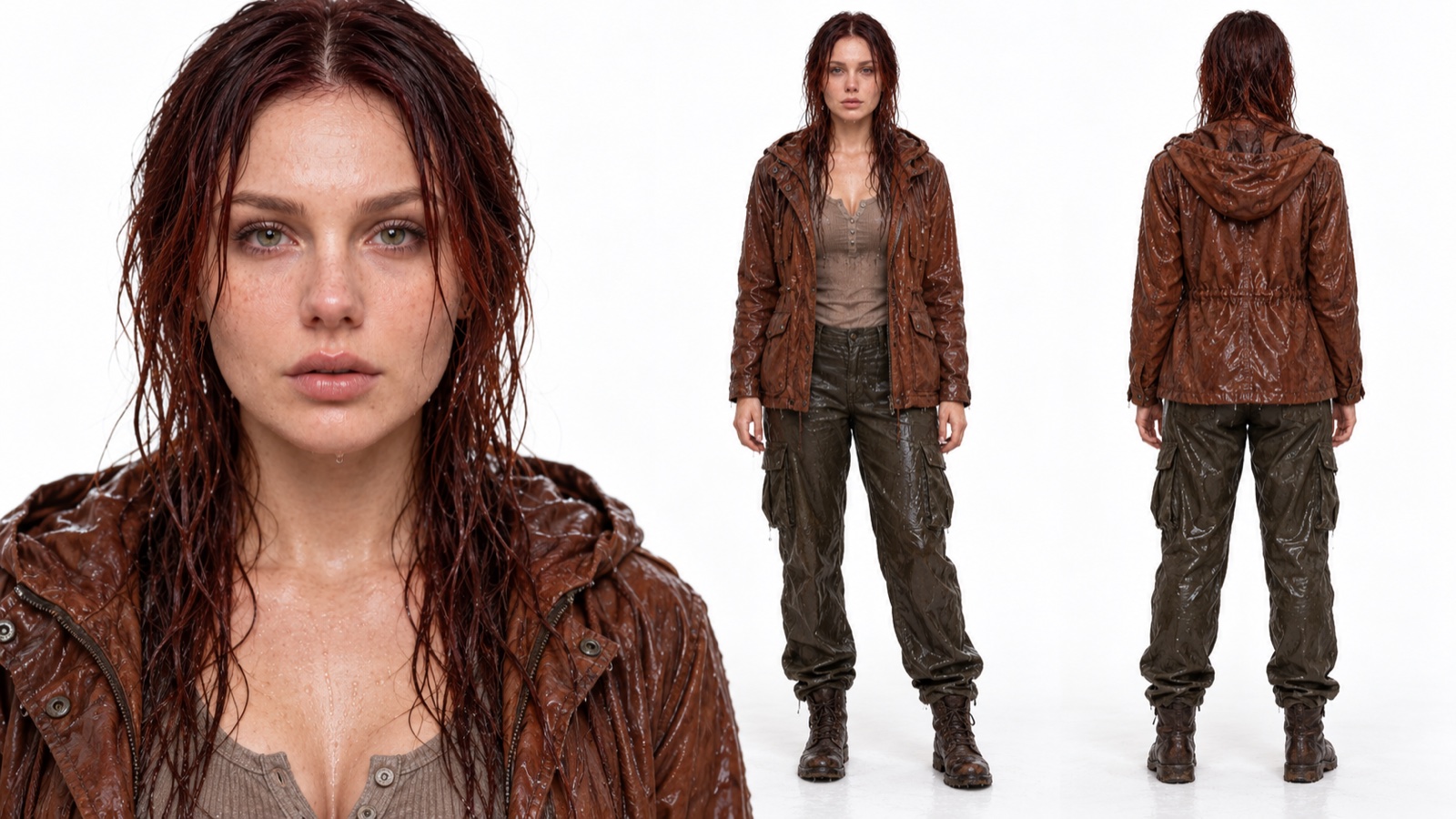 Character sheet: the same woman soaked in a rust-brown field jacket and olive cargo trousers, in close portrait, front and back views.