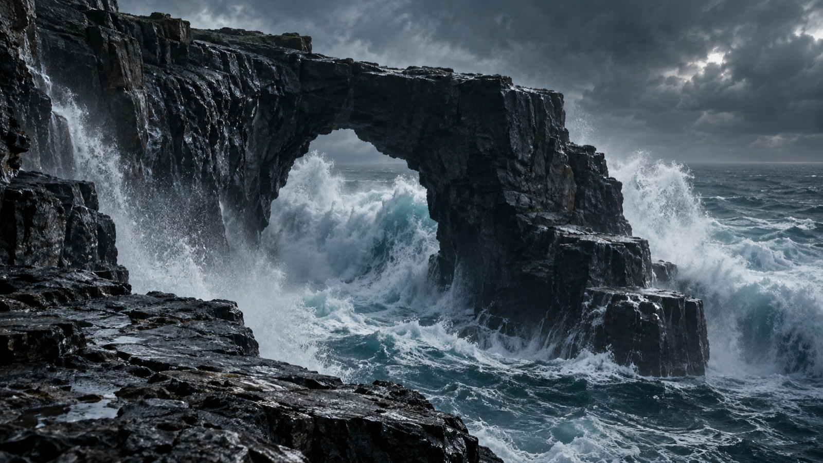 An empty black stone sea arch with enormous waves exploding through it under a storm sky.