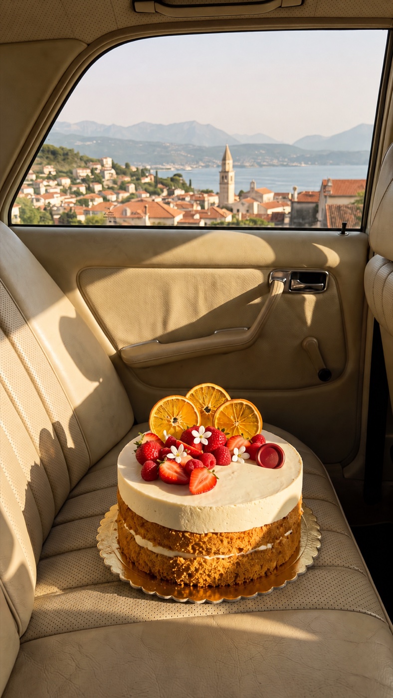 A layered cake with strawberries and orange slices on a gold board, sitting on the cream leather back seat of a car, a coastal town visible through the window.