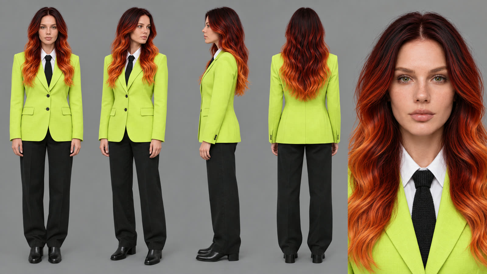 A character reference sheet showing the same woman five times against a flat grey background: full body from the front, three-quarter, side profile and from behind, plus a head-and-shoulders close-up. She wears a lime green blazer, white shirt, black knitted tie, black trousers and black ankle boots, and has long wavy hair that goes from dark red at the roots to bright orange at the ends.
