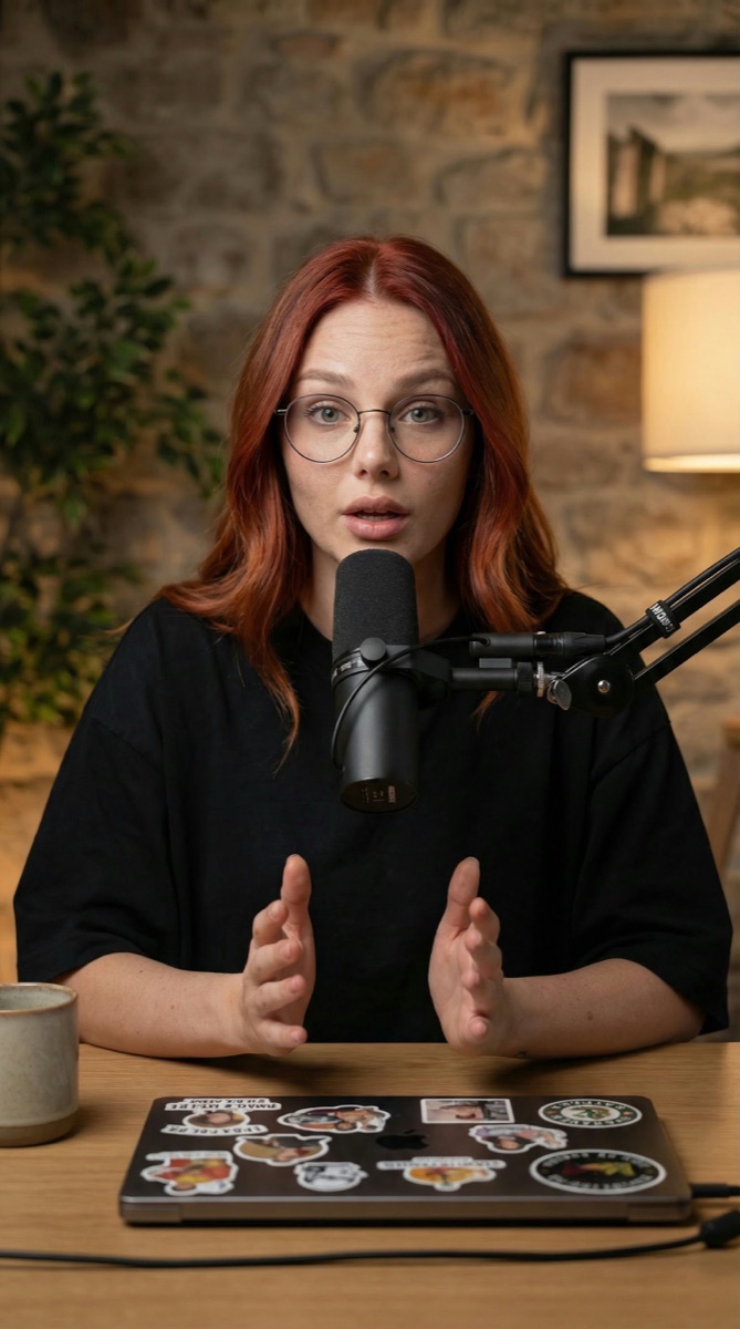 Example result: a woman with red hair at a desk behind a broadcast microphone