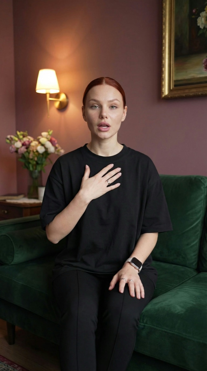 Example result: Plum wall, hand on the chest
