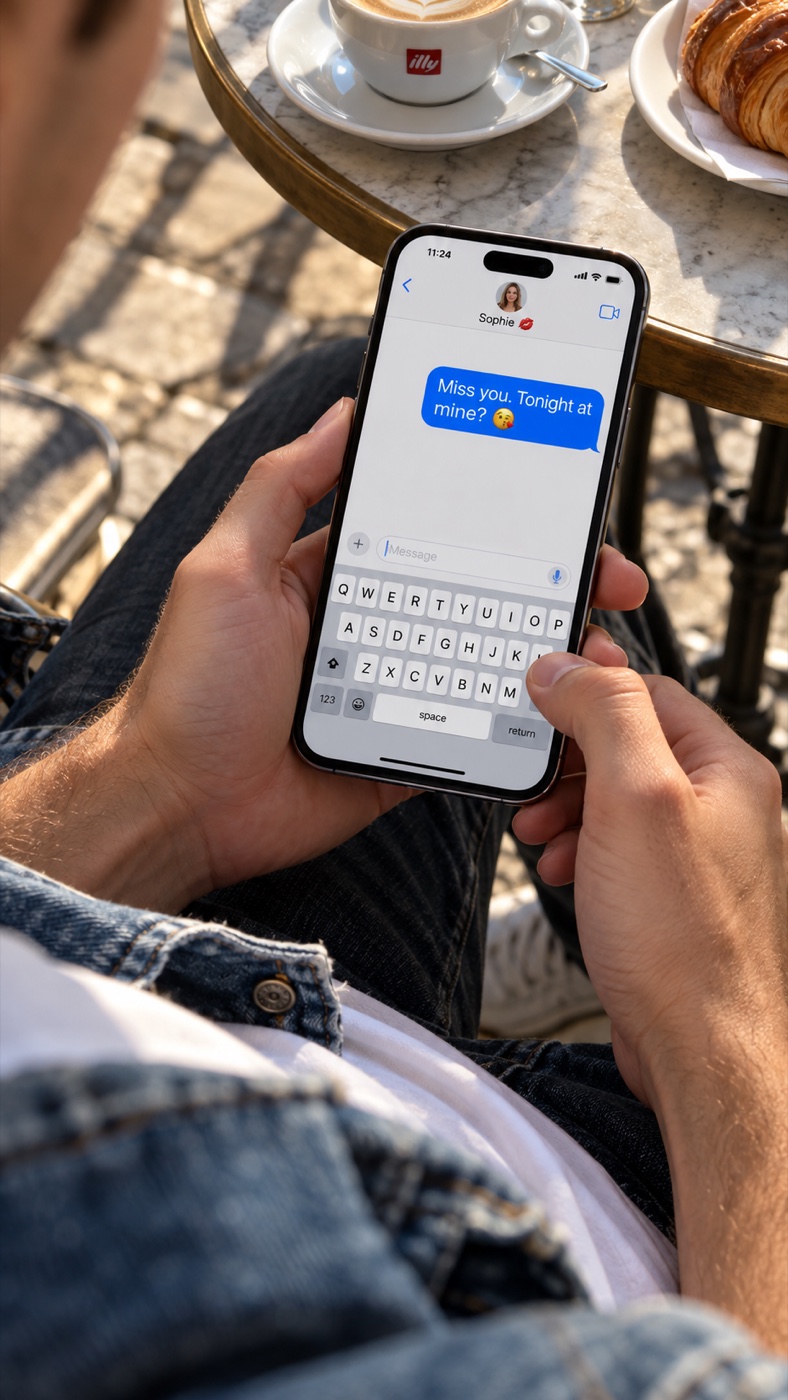 A view from above and behind a man in a denim jacket and white t-shirt. He holds a phone in both hands. The screen shows a chat with a contact called Sophie and a blue message bubble that reads Miss you. Tonight at mine? with a kiss emoji. A marble café table with a cappuccino and a croissant is at the top of the picture.