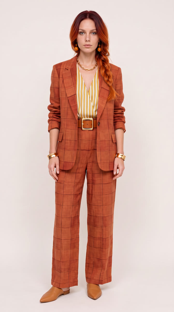 A woman with long copper red ombre hair in a loose side braid stands full length on an off white studio background. She wears an oversized rust orange windowpane check linen blazer, matching wide leg trousers, a yellow and white striped deep V blouse, a cognac belt with a big square gold buckle, amber drop earrings and tan pointed mules.