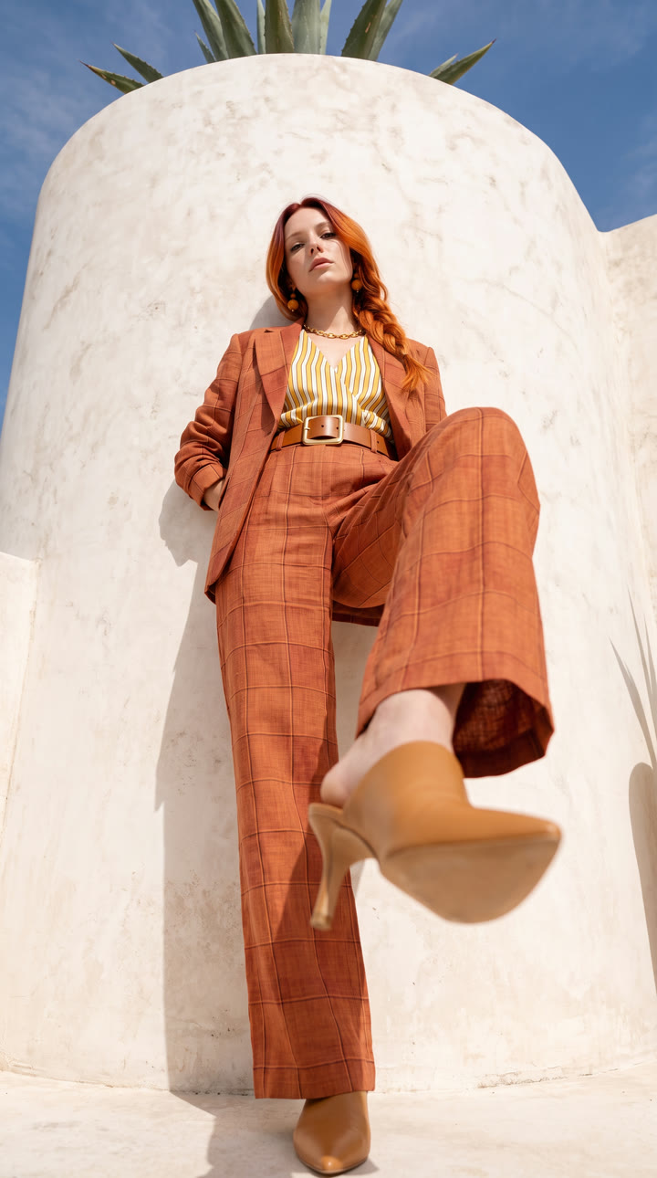 Very low angle of the woman leaning on a curved white marbled plaster wall, one knee lifted toward the camera, the pointed heel of her tan mule large in the foreground, agave leaves and blue sky above.