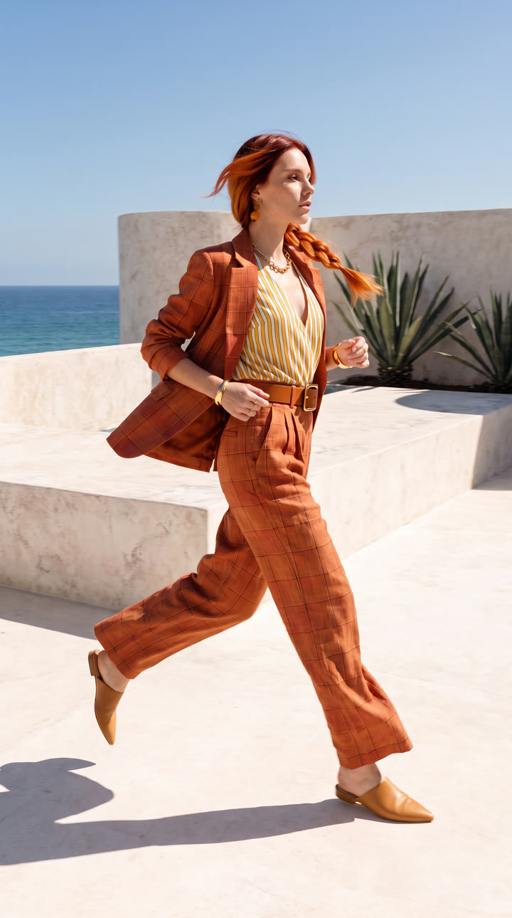 The woman runs to the right across a white plaster terrace, her blazer open and her braid flying, the sea behind her.