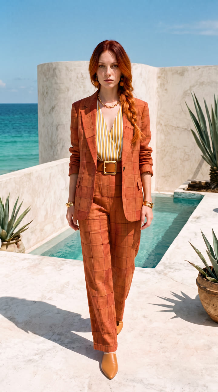 The woman walks straight toward the camera beside a turquoise plunge pool between white plaster walls and agave plants.