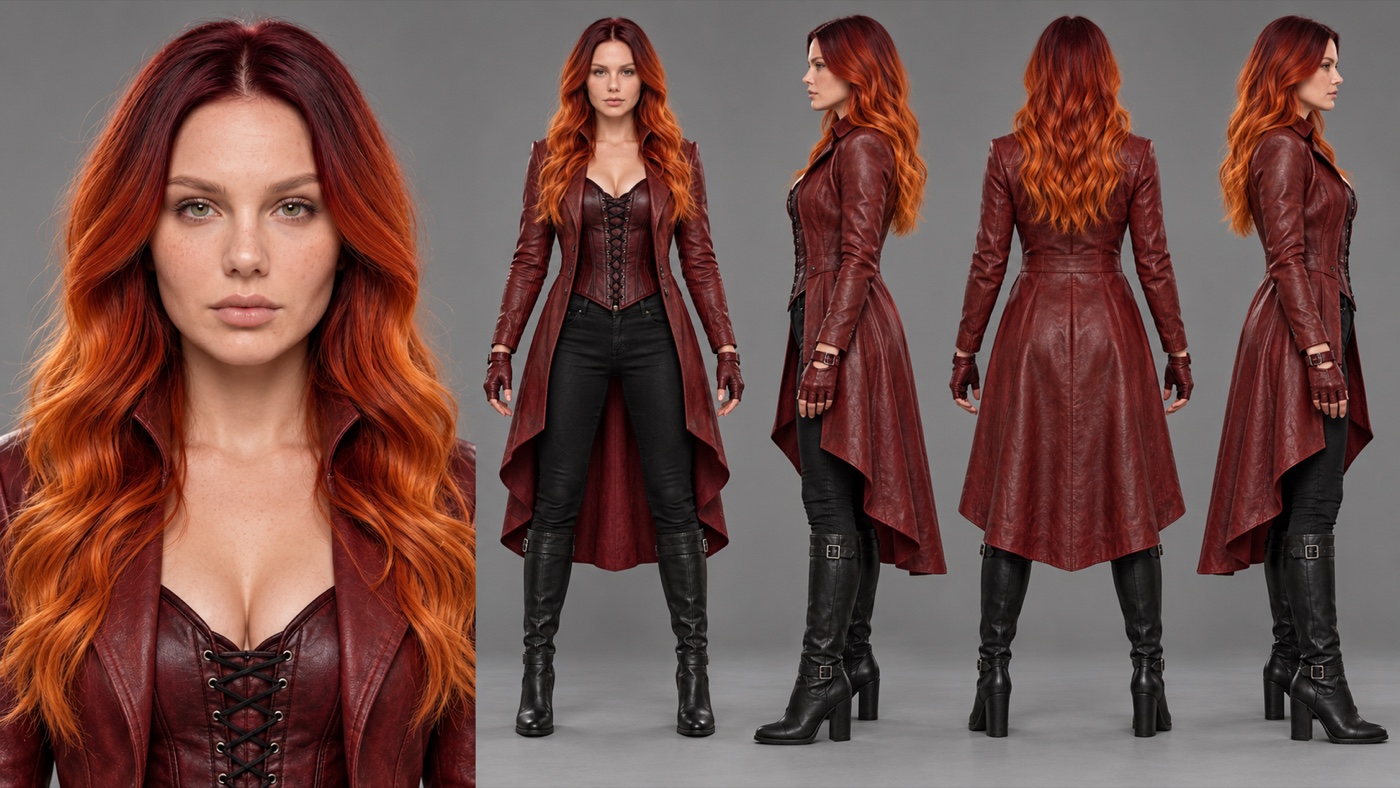 A character sheet of a woman with long wavy red and orange hair on a grey studio background. On the left, a close-up of her face with a laced burgundy leather corset. On the right, four full body views from the front, left side, back and right side: a long crimson leather coat with a high-low hem, black trousers, knee-high black leather boots with buckles and short fingerless red gloves.